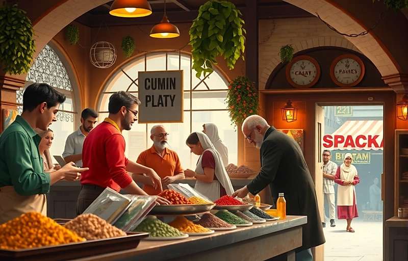 Cumin Power Play Market Scene Cumin Power Play showing a bustling spice market with various merchants and customers