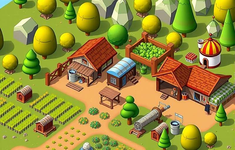 Cumin Power Play Village Scene Cumin Power Play gameplay showing a village with cumin farms, processing facilities, and a small market